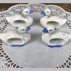 Vtg ceramic Speckled blue white Ducks napkin Rings grannycore